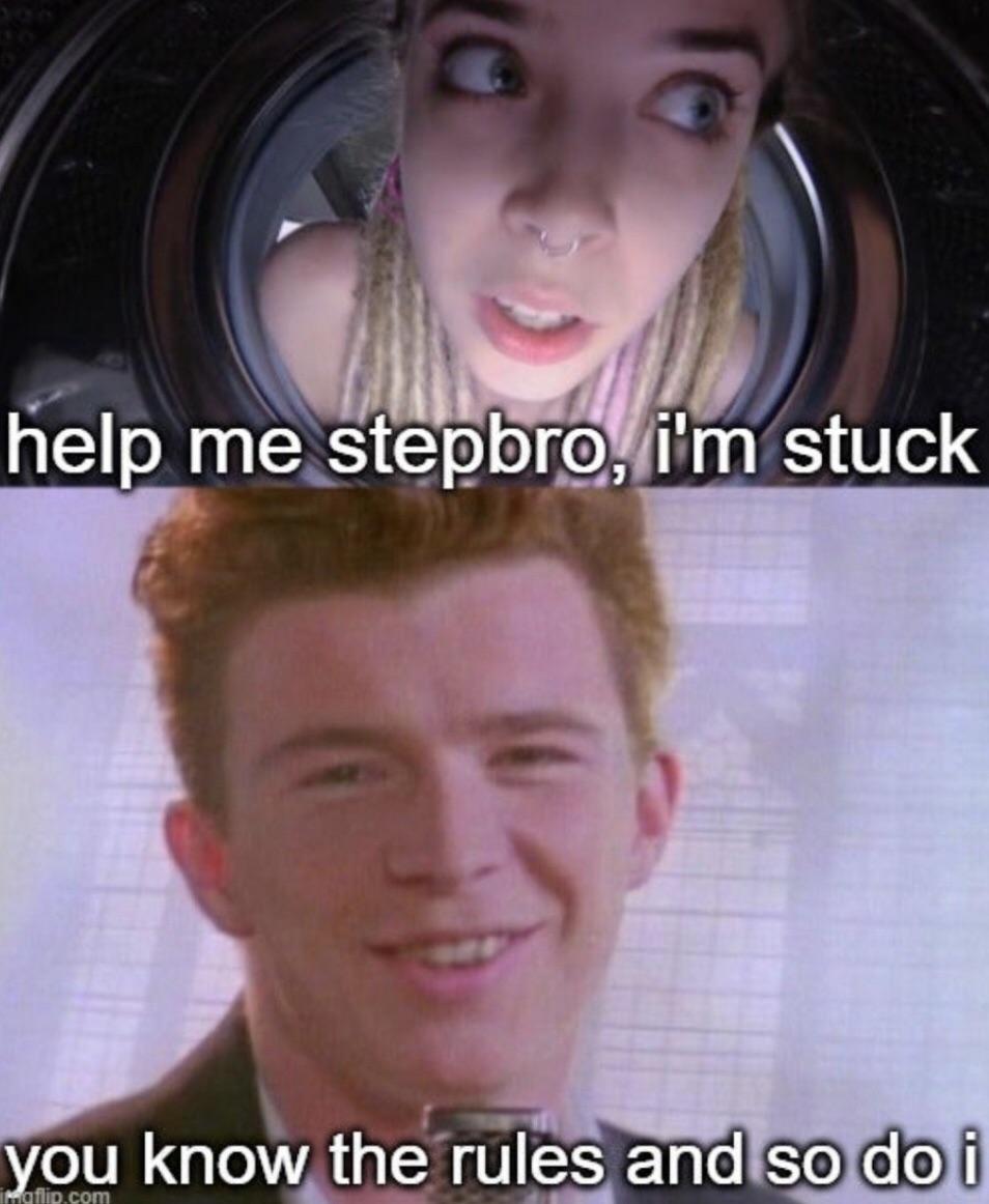 rick astley never gonna give - help me stepbro, i'm stuck you know the rules and so do i Megflip.com