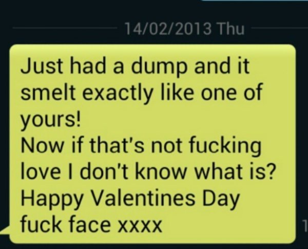 sibling quotes - 14022013 Thu Just had a dump and it smelt exactly one of yours! Now if that's not fucking love I don't know what is? Happy Valentines Day fuck face Xxxx