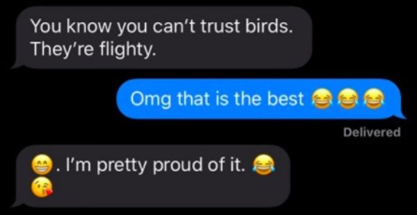 You know you can't trust birds. They're flighty. Omg that is the best. I'm pretty proud of it.