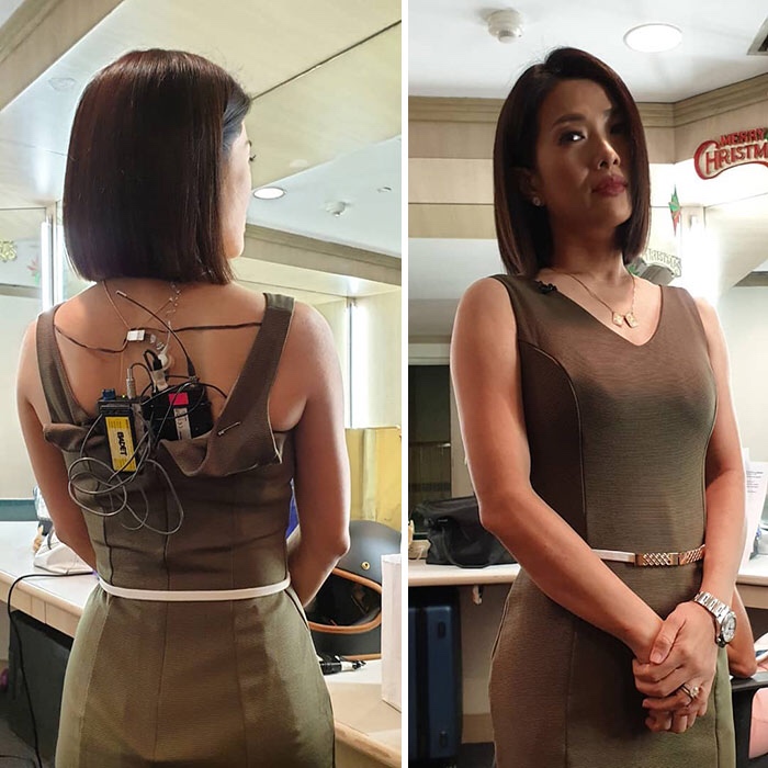funny pics - a newscaster with all the microphone and equipment on her back