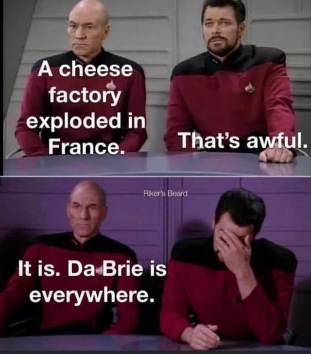 star trek facepalm - A cheese factory exploded in France. That's awful. Riker's Beard It is. Da Brie is everywhere.