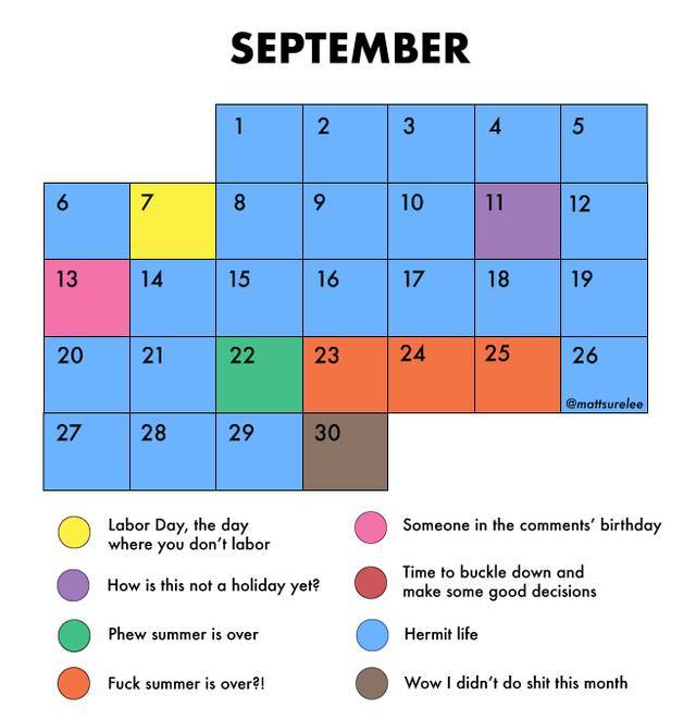 plot - September 1 2 3 4 5 6 7 8 9 10 11 12 13 14 15 16 17 18 19 20 21 22 23 24 25 26 27 28 29 30 Labor Day, the day where you don't labor Someone in the ' birthday How is this not a holiday yet? Time to buckle down and make some good decisions Phew summe