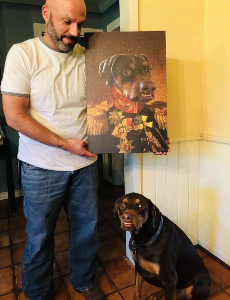 random pics - mans dog with funny overbite got a painting of his as a general
