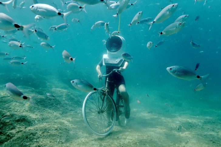 Riding a bike underwater