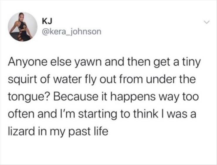 funny pictures - J Anyone else yawn and then get a tiny squirt of water fly out from under the tongue? Because it happens way too often and I'm starting to think I was a lizard in my past life