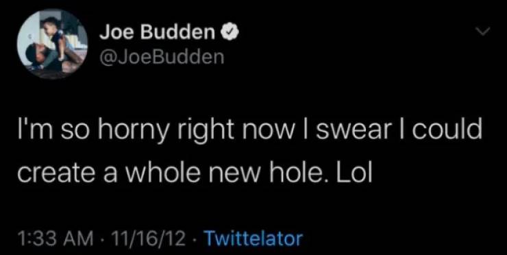 social distancing boobs meme - Joe Budden I'm so horny right now I swear I could create a whole new hole. Lol 111612 Twittelator