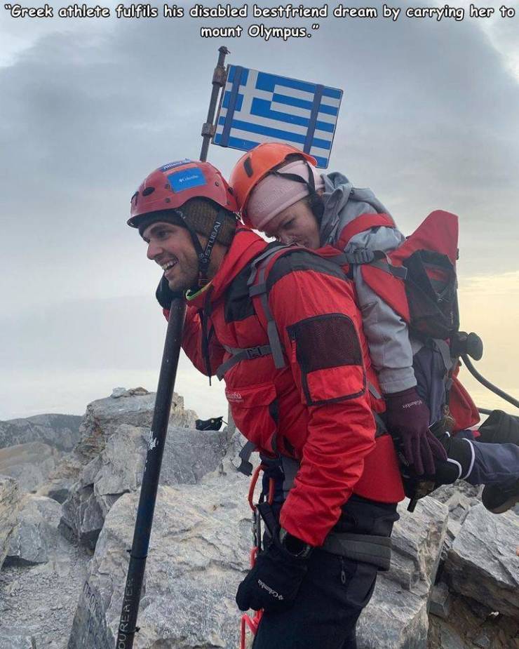 random pics - Greece - "Greek athlete fulfils his disabled bestfriend dream by carrying her to mount Olympus." Ivano w { Durea
