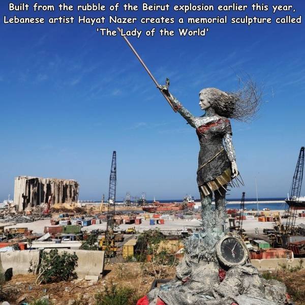 sky - Built from the rubble of the Beirut explosion earlier this year, Lebanese artist Hayat Nazer creates a memorial sculpture called 'The Lady of the World'