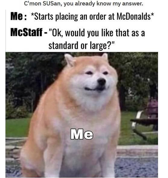 chonky akita inu - C'mon SUSan, you already know my answer. Me Starts placing an order at McDonalds McStaff "Ok, would you that as a standard or large?" shadymemer20 Me