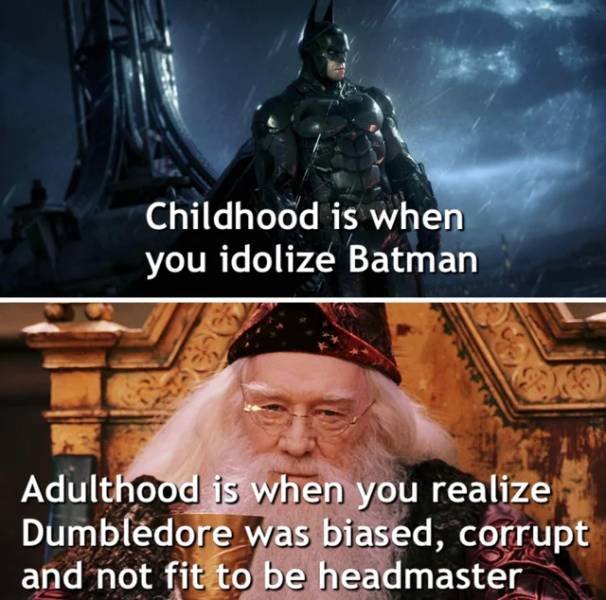 photo caption - Childhood is when you idolize Batman Adulthood is when you realize Dumbledore was biased, corrupt and not fit to be headmaster