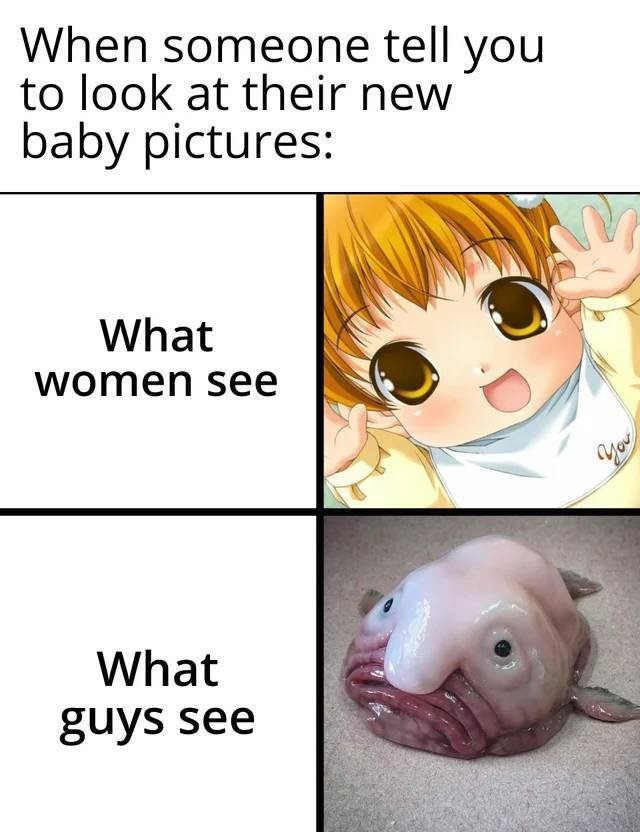 cartoon - When someone tell you to look at their new baby pictures Bad What women see You What guys see