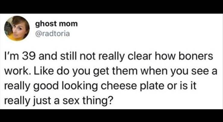quotes - ghost mom I'm 39 and still not really clear how boners work. do you get them when you see a really good looking cheese plate or is it really just a sex thing?