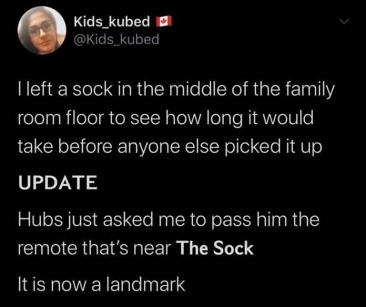 atmosphere - Kids_kubed I left a sock in the middle of the family room floor to see how long it would take before anyone else picked it up Update Hubs just asked me to pass him the remote that's near The Sock It is now a landmark