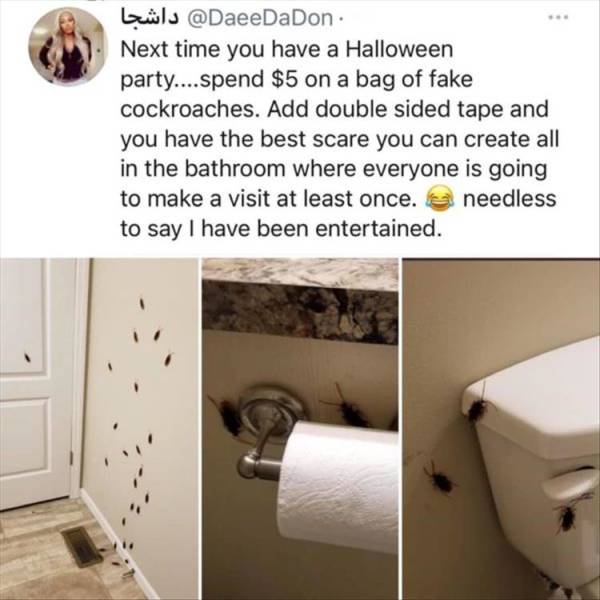 toilet paper - DaeeDaDon@ . Next time you have a Halloween party.... spend $5 on a bag of fake cockroaches. Add double sided tape and you have the best scare you can create all in the bathroom where everyone is going to make a visit at least once. a needl