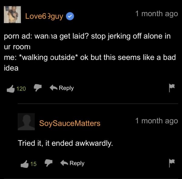 screenshot - Love69guy 1 month ago porn ad wanna get laid? stop jerking off alone in ur room me walking outside ok but this seems a bad idea 120 1 month ago SoySauceMatters Tried it, it ended awkwardly. 15