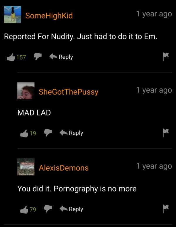 screenshot - SomeHighkid 1 year ago Reported For Nudity. Just had to do it to Em. 157 SheGotThePussy 1 year ago Mad Lad 19 Per Alexis Demons 1 year ago You did it. Pornography is no more 79