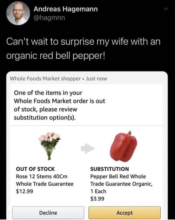 media - Andreas Hagemann Can't wait to surprise my wife with an organic red bell pepper! Whole Foods Market shopper. Just now One of the items in your Whole Foods Market order is out of stock, please review substitution options. Out Of Stock Rose 12 Stems