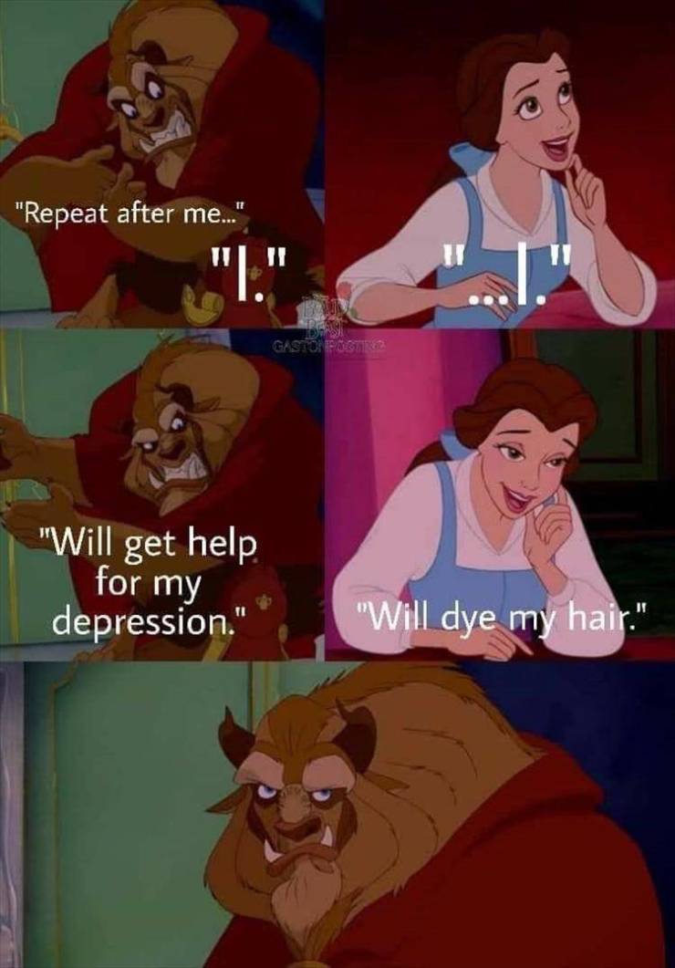will get help for my depression dye my hair - "Repeat after me..." "I." Nde Gastore "Will get help for my depression." "Will dye my hair."