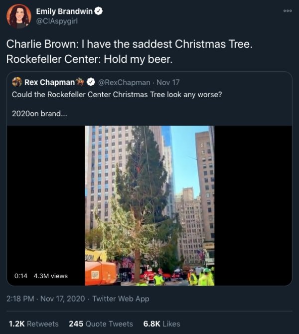 Rockefeller Center Christmas Tree - Charlie Brown I have the saddest Christmas Tree. Rockefeller Center Hold my beer. Rex Chapman . Nov 17 Could the Rockefeller Center Christmas Tree look any worse? 2020on brand.. 4.3M views Twitter Web App 245 Quote Twee