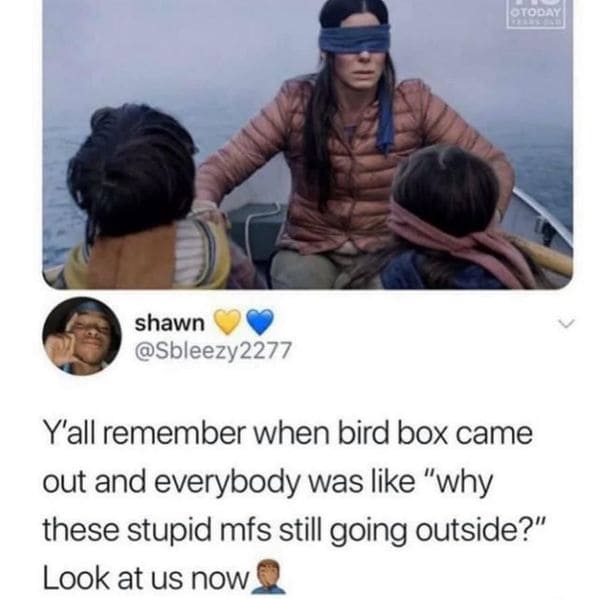 catholic church memes - Ctoday shawn Y'all remember when bird box came out and everybody was "why these stupid mfs still going outside?" Look at us now
