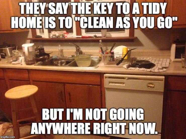 messy mom meme - They Say The Key To A Tidy Home Is To "Clean As You Go" But I'M Not Going Anywhere Right Now. imgflip.com