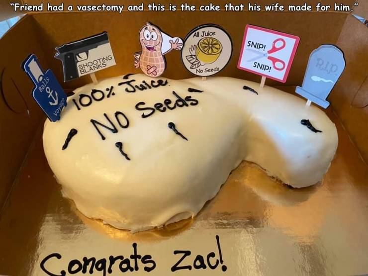 funny random pics - torte - 100% Juice "Friend had a vasectomy and this is the cake that his wife made for him." Al Juice Snip! Snip! Rip Shooting Blanks No Seeds Balls Voyage No Seeds Sonarats Zac!