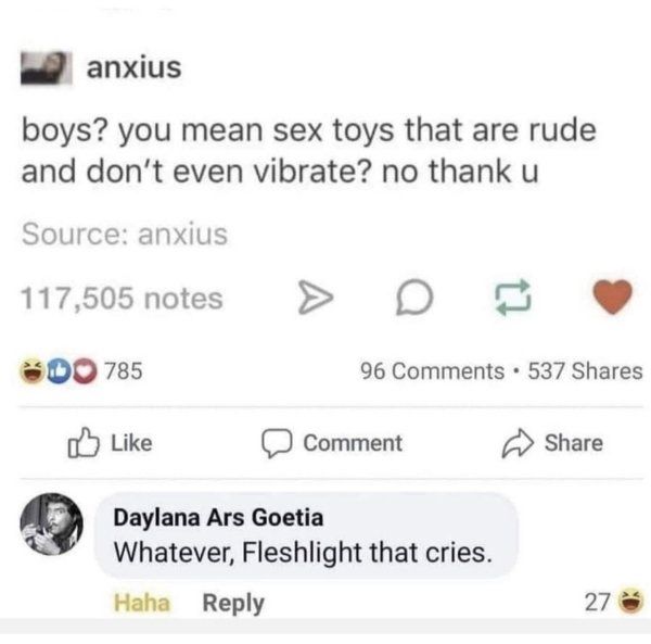 document - anxius boys? you mean sex toys that are rude and don't even vibrate? no thank u Source anxius 117,505 notes 785 96 . 537 Comment Daylana Ars Goetia Whatever, Fleshlight that cries. Haha 27