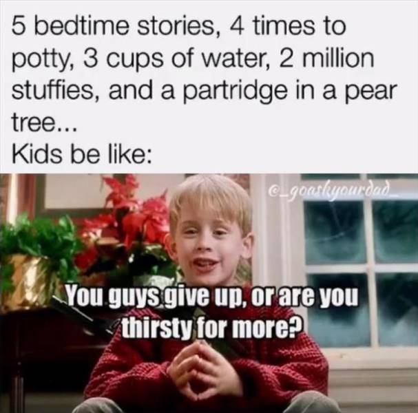 photo caption - 5 bedtime stories, 4 times to potty, 3 cups of water, 2 million stuffies, and a partridge in a pear tree... Kids be You guys give up, or are you thirsty for more?
