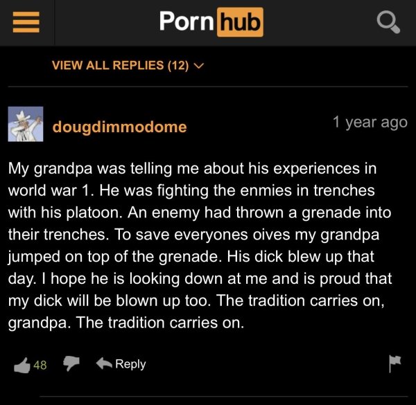 funny pornhub comments - My grandpa was telling me about his experiences in world war 1. He was fighting the enmies in trenches with his platoon. An enemy had thrown a grenade into their t