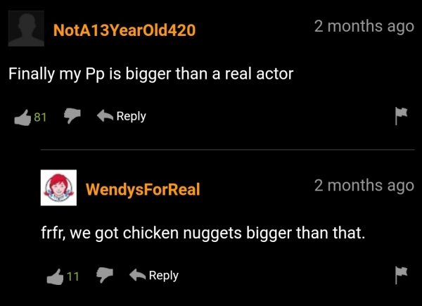funny pornhub comments - Finally my Pp is bigger than a real actor 81 WendysForReal 2 months ago frfr, we got chicken nuggets bigger than that. 11