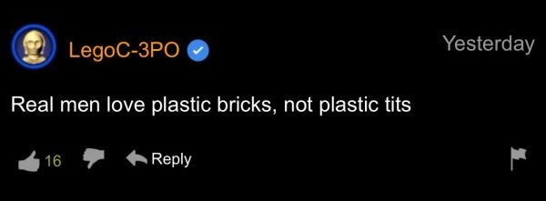 funny pornhub comments - Real men love plastic bricks, not plastic tits 16