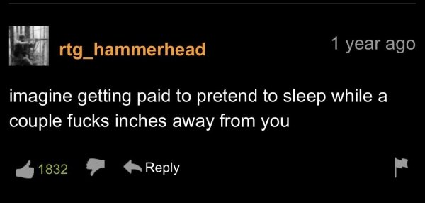 funny pornhub comments - imagine getting paid to pretend to sleep while a couple fucks inches away from you 1832