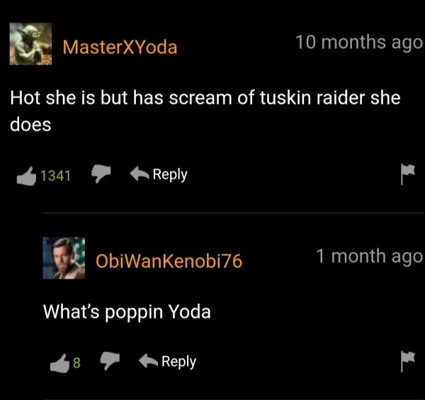 funny pornhub comments -  Hot she is but has scream of tuskin raider she does 1341 ObiWanKenobi76 1 month ago What's poppin Yoda 8