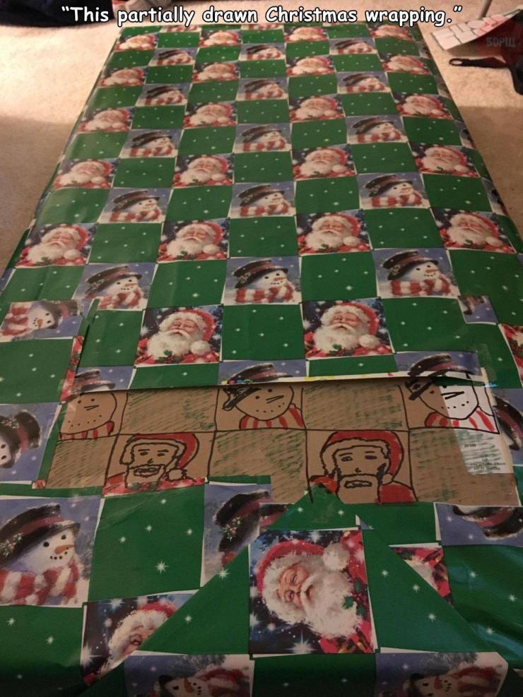 wrapping paper fails meme - "This partially drawn Christmas wrapping. 50PULL