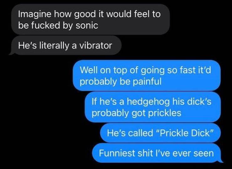 multimedia - Imagine how good it would feel to be fucked by sonic He's literally a vibrator Well on top of going so fast it'd probably be painful If he's a hedgehog his dick's probably got prickles He's called "Prickle Dick" Funniest shit I've ever seen
