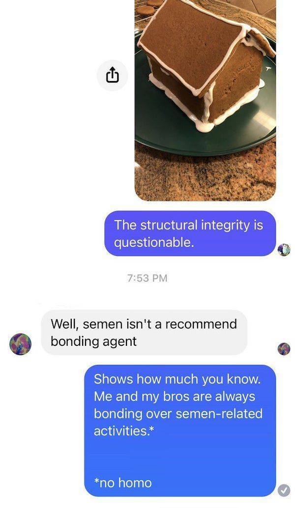material - The structural integrity is questionable. Well, semen isn't a recommend bonding agent Shows how much you know. Me and my bros are always bonding over semenrelated activities. no homo >