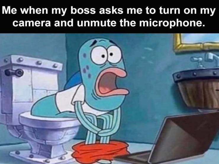 please turn on your camera - Me when my boss asks me to turn on my camera and unmute the microphone.