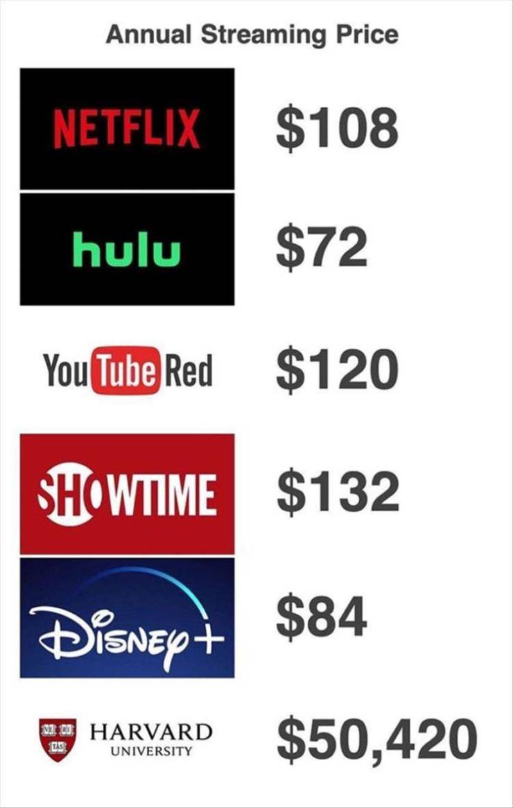 streaming services harvard - Annual Streaming Price Netflix $108 hulu $72 YouTube Red $120 Showtime $132 Disney $84 wa wa Harvard 25 University $50,420