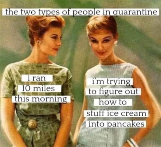 two types of people in quarantine - the two types of people in quarantine i ran 10 miles this morning i'm trying to figure out how to stuff ice cream into pancakes