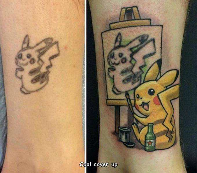funny memes and pics - pikachu tattoo cover up - Cool cover up