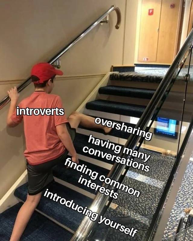 gym closed corona meme - introverts oversharing having many conversations finding common interests introducing yourself