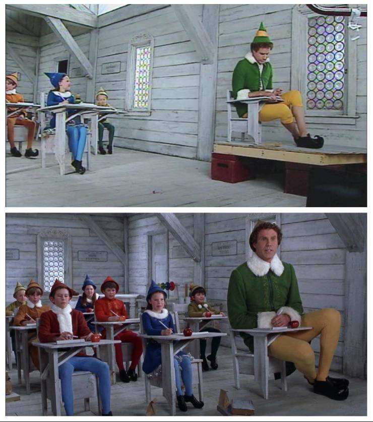 Forced perspective used in the movie Elf to make Will Farrell appear larger than the other elves