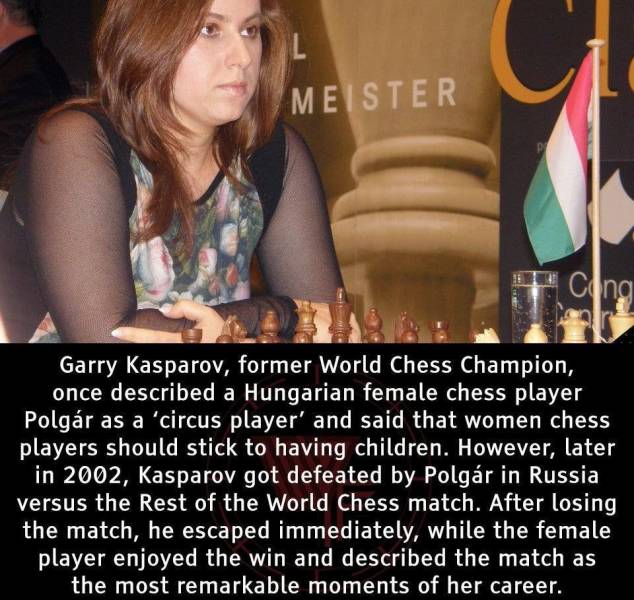 judit polgar - L Meister Cang Garry Kasparov, former World Chess Champion, once described a Hungarian female chess player Polgr as a 'circus player' and said that women chess players should stick to having children. However, later in 2002, Kasparov got de