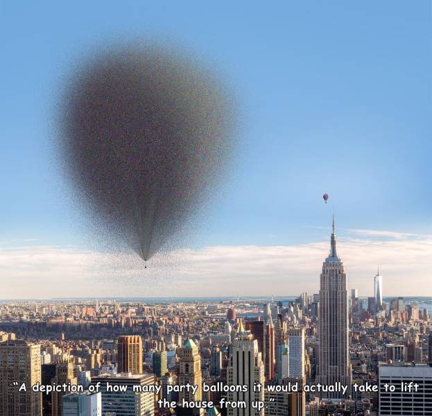 empire state building - "A depiction of how many party balloons it would actually take to lift the house from up.