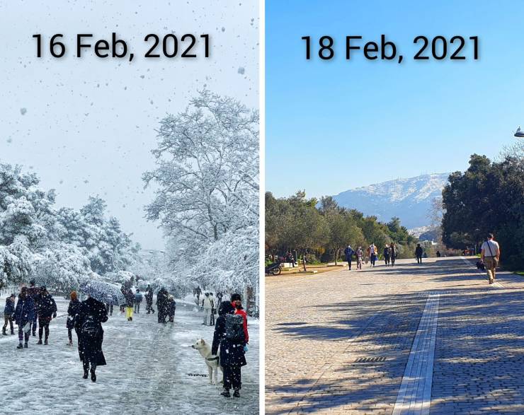 cool pics - photos showing difference in weather in two days in february 2021 snow vs no snow