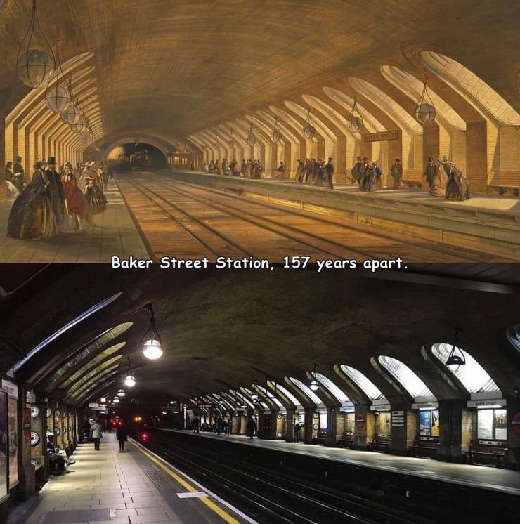 cool pics - Baker Street train Station, 157 years apart.