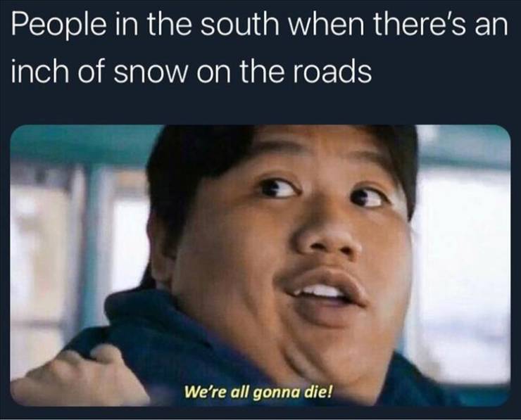 were all gonna die - People in the south when there's an inch of snow on the roads We're all gonna die!