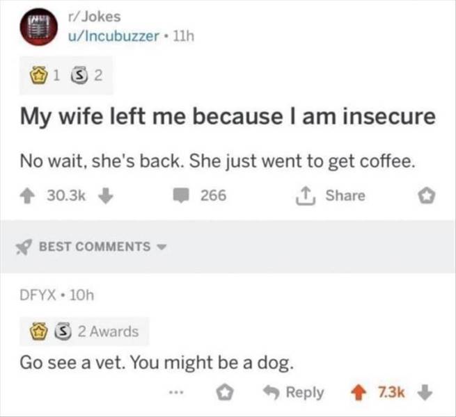 my wife left me because i m insecure meme - rJokes uIncubuzzer 11h 1 S 2 My wife left me because I am insecure No wait, she's back. She just went to get coffee. 266 Best Dfyx. 10h S 2 Awards Go see a vet. You might be a dog.