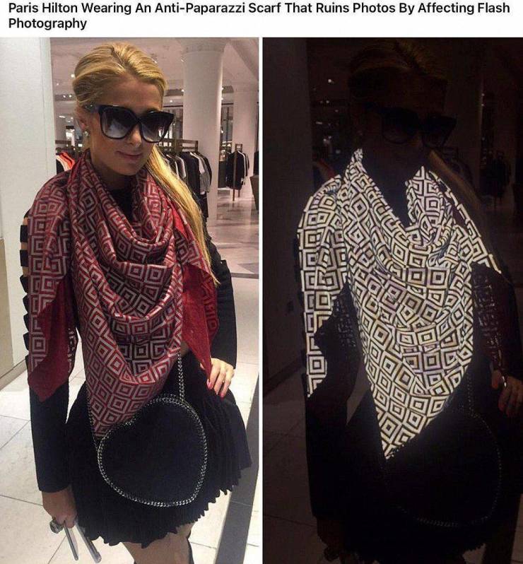 anti photography scarf - Paris Hilton Wearing An AntiPaparazzi Scarf That Ruins Photos By Affecting Flash Photography dan