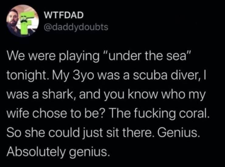 banks made in overdraft fees - Wtfdad We were playing "under the sea" tonight. My 3yo was a scuba diver, I was a shark, and you know who my wife chose to be? The fucking coral. So she could just sit there. Genius. Absolutely genius.